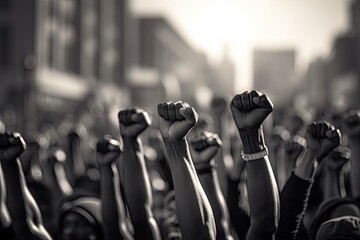 black and white image of protesters holding fists Generative AI - obrazy, fototapety, plakaty