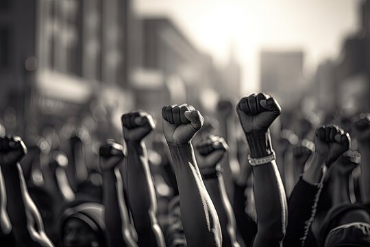 black and white image of protesters holding fists Generative AI
