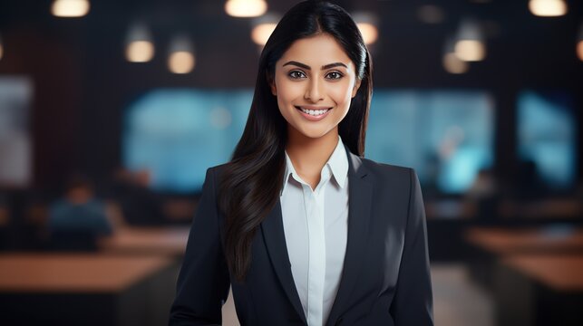 young Indian student who is in her early 20s, standing facing the camera and smiling. She is wearing a business suit, generative ai