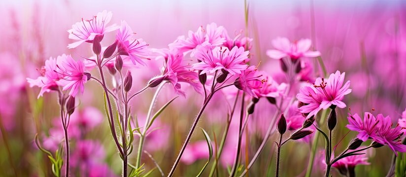 In a meadow there are delicate Pink Ragged Robin flowers Lychnis flos cuculi