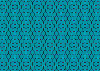 Image with hexagonal green background. Cell border with rounded wire frame shapes of shaded color. Green cell interior with soft blue border.