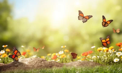  Butterflies flying over a meadow with flowers and green grass. with free space for text.  © munduuk