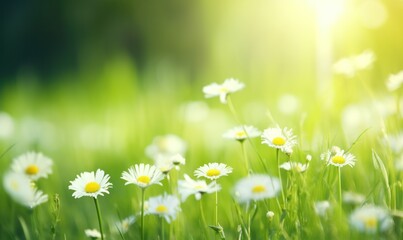 Beautiful daisies on green meadow. Nature background. with free space for text. 