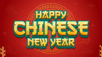 Happy Chinese New Year Greeting Banner with 3D Vector Text Effect Red Background Color and Gold Color Text