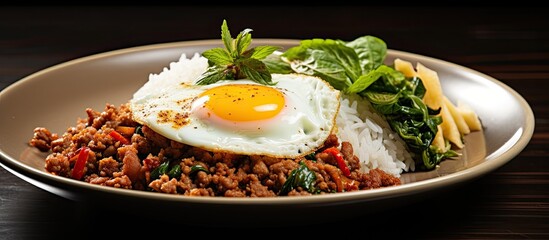 Thai street food known as Pad kra prao Moo is a popular dish consisting of minced pork stir fried with holy basil It is typically served alongside plain jasmine rice and topped with a fried  - obrazy, fototapety, plakaty
