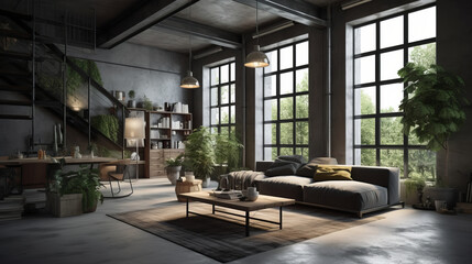 Living room interior in loft, industrial style with plants, 3d render. Decor concept. Real estate concept. Art concept.