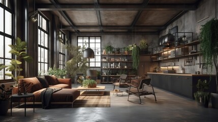 Living room interior in loft, industrial style with plants, 3d render. Decor concept. Real estate concept. Art concept.