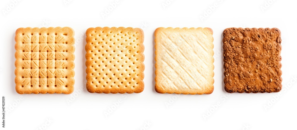 Poster a square cracker is placed on a white background with six cookies arranged in a geometric pattern an