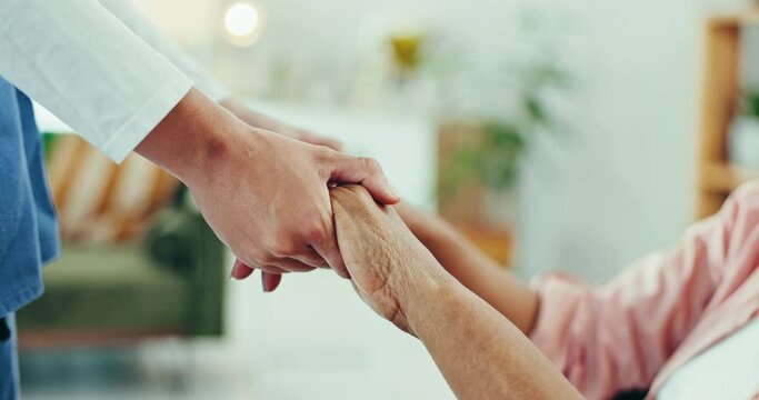 Nurse, senior woman and holding hands for comfort, empathy and hope after cancer. Caregiver, elderly patient and support closeup for kindness, medical help and trust, healthcare and encourage in home