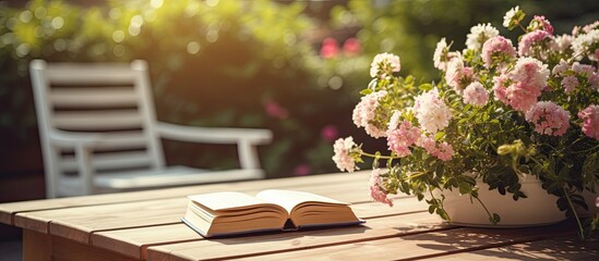 On a lovely sunny day a table on the terrace is adorned with a book and a phone The chair next to it is unoccupied but decorated with vibrant flowers A novel and a smartphone are resting on