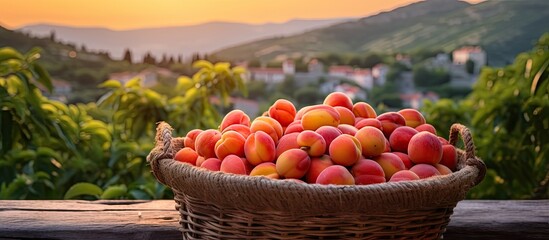 In the scenic village of Vaucluse located in Provence France you can find a delightful basket filled with luscious ripe apricots that boasts a vivid red hue As you savor this sight you can  - obrazy, fototapety, plakaty