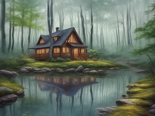 Fototapeta premium Cabin on the water (Water Color )-3.