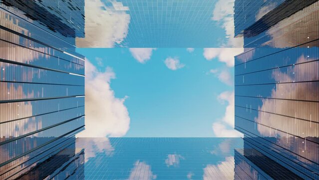 3d animations 4k ProRes 422 30fps. perspective, the skyscraper is directed to the sky. blue gradient. building design