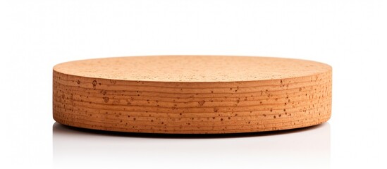 A cork with a circular shape and a textured surface seen on a white background away from any other objects
