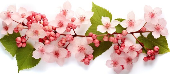 The background is filled with the blossoms and leaves of the Guelder rose