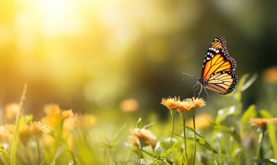 Fototapeta na wymiar Butterfly on yellow flower with sun light, nature background. with free space for text. 