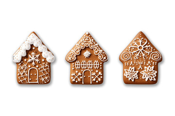 Set of gingerbread sweet homes isolated on transparent or white background, png - obrazy, fototapety, plakaty