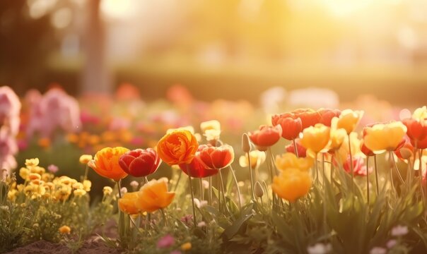 Colorful tulip flowers blooming in the garden with sunlight background. with free space for text. 