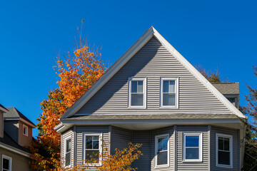 Single family home facade, autumn day, Brighton, Massachusetts, USA