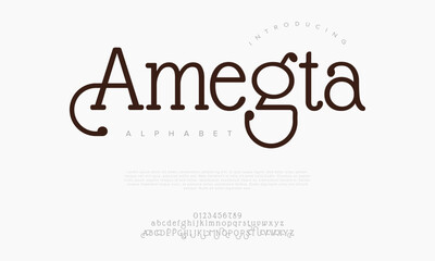 Amegta premium luxury elegant alphabet letters and numbers. Elegant wedding typography classic serif font decorative vintage retro. Creative vector illustration