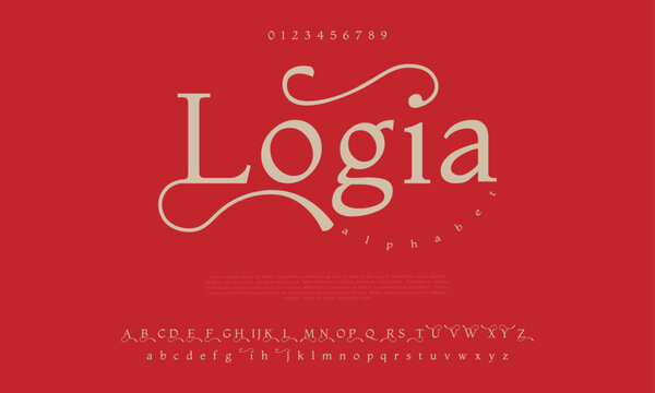 Logia premium luxury elegant alphabet letters and numbers. Elegant wedding typography classic serif font decorative vintage retro. Creative vector illustration