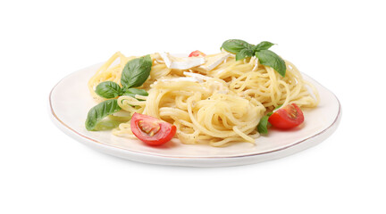 Delicious pasta with brie cheese, tomatoes and basil leaves on white background