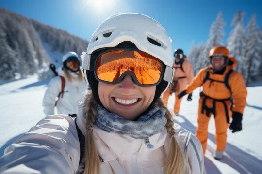 Female with friends on winter holidays in the mountains. Merry Christmas and Happy New Year concept. Portrait