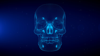 Blue Shine Front View 3d Human Skull Wireframe Hologram With Light Flare Glitter Particles