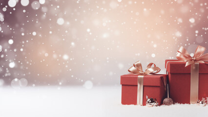 Christmas Presents Background with Red and White Gift Wrapped Boxes and Snowflakes