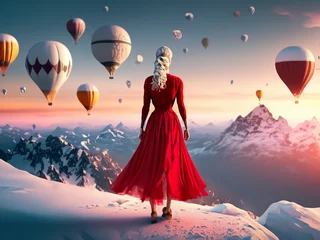Deurstickers donna con abito  rosso in cima ad una montagna innevata con mongolfiere sullo sfondo  © franzdell