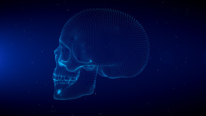 Blue Shine Side View 3d Human Skull Wireframe Hologram With Light Flare Glitter Particles