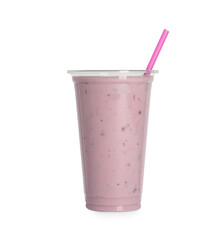 Plastic cup of tasty smoothie isolated on white