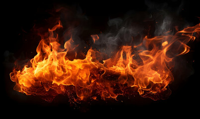 Ai generated texture of fire on a black background, fire flame, burning fire on a dark area, fire background, fire frame, fire flames background