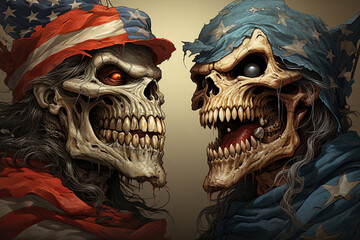 two skulls confront each other, resembling the partisan conflict and political polarization of American Democratic and Republican parties. - obrazy, fototapety, plakaty