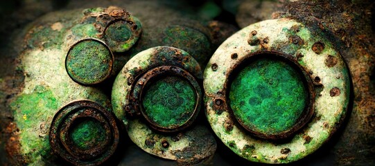 Abstract grunge texture of emerald green oxidized copper metal round discs, circles within circles.   - obrazy, fototapety, plakaty