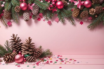 Fototapeta na wymiar Christmas natural coniferous border with cones and confetti. Festive pink background
