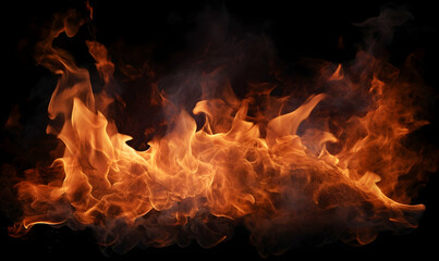 Ai generated texture of fire on a black background, fire flame, burning fire on a dark area, fire...