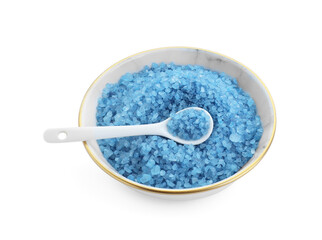 Bowl with blue sea salt isolated on white