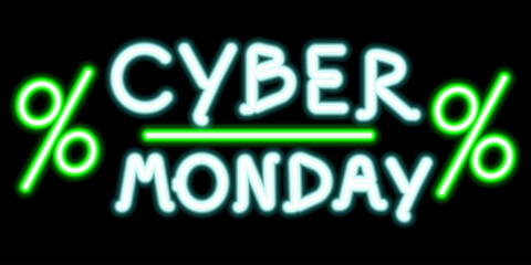 Fototapeta na wymiar Cyber Monday neon sign. Stock vector illustration with green discount percentages on a black background.