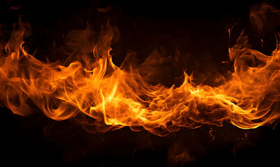 Ai generated texture of fire on a black background, fire flame, burning fire on a dark area, fire background, fire frame, fire flames background