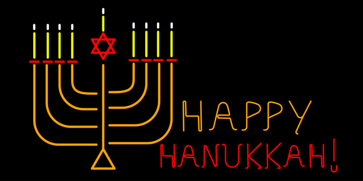 Jewish linear candlestick on a black background. Minimalistic vector Hannukah card.