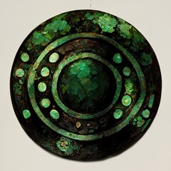 Abstract grunge texture of emerald green oxidized copper metal round discs, circles within circles.  