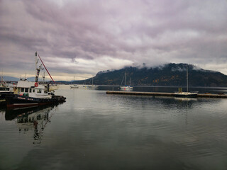 View of cowichan bay marina on a rainy fall  day