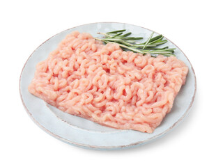 Fresh raw minced meat and rosemary isolated on white