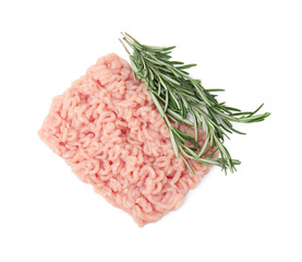Fresh raw minced meat and rosemary isolated on white, top view