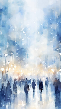 city view high, narrow, background watercolor abstract blue light winter snowfall theme people and society blurred