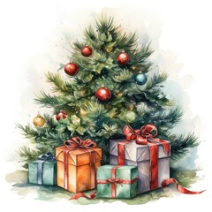 Naklejka na ściany i meble Vibrant Watercolor Christmas Tree Clipart with Pastel Gift Boxes: A Festive Delight!