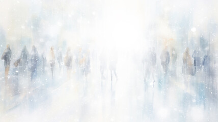 watercolor drawing urban view of society in a snowfall, winter white background blizzard, christmas card abstract city