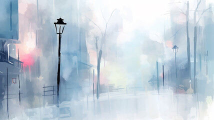 city, abstract watercolor in light gray and blue tones on a white background, autumn mood - obrazy, fototapety, plakaty