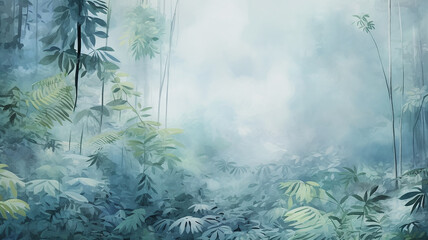 watercolor background light green blue and white shades rainforest in the rainy season, abstract background